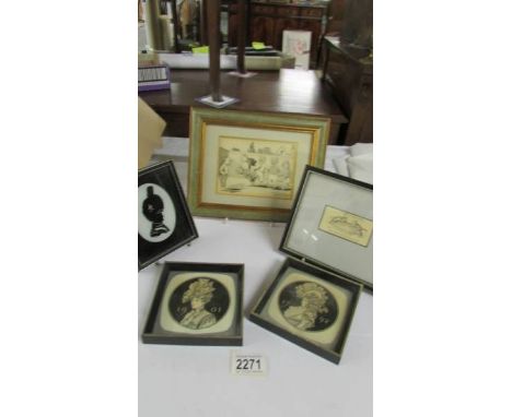 5 small framed and glazed pictures including dogs playing leapfrog, cat cartoon by Louis Wain, a silhouette of a soldier and 