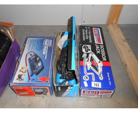 A Sealey scissor Jack, Draper foot pump and Powerbase sander