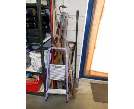 A quantity of various garden tools plus a 2 step ladder