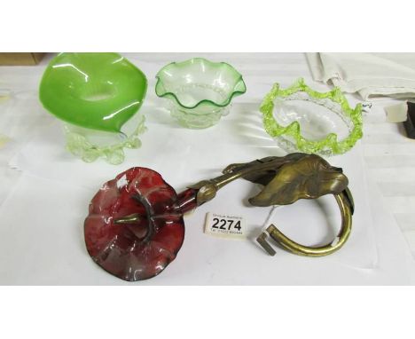 4 pieces of Victorian glass.(The light green-tipped bowl has a crack, ruby glass flower has a small chip/rough edge on the ri