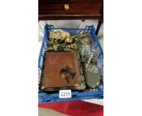 An interesting tray of items including brass, metal ware, candlesticks, hip flask, old box, ephemera.