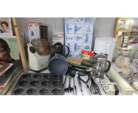 A good mixed lot of kitchen ware including new utensils, baking tray, vintage Moulinex mixer, hand blender etc.,