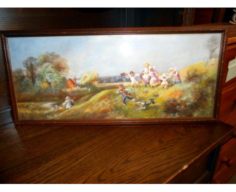 A 20c oil pastel country scene of children playing on a hillside circa 1970's, frame and glazed, size including frame 66cm x 