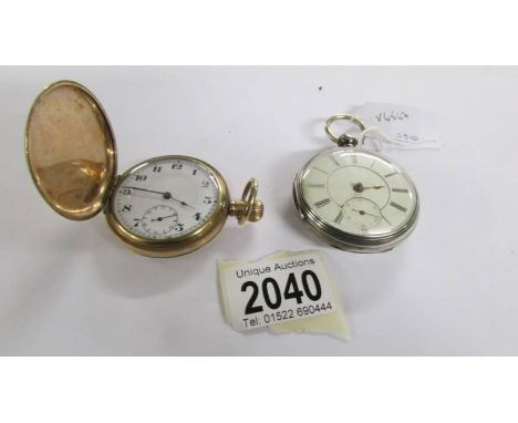 An open faced key wind silver pocket watch and a Dennison gold plated full hunter pocket watch.