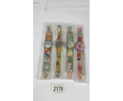 4 boxed Swatch watches from early 1990's. ****Condition report**** Yellow strap watch has a visible battery which has green c