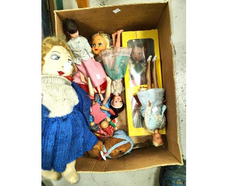 A boxed Pelham "Gypsy" puppet and a selection of vintage dolls, including Cindy/Barbie types.  A mixed selection. Quite dusty