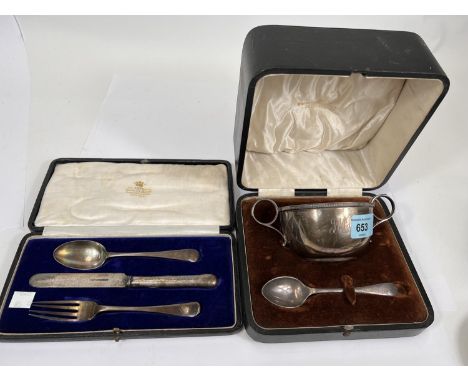 A hallmarked silver christening set of porringer and spoon, monogrammed, boxed, porringer Sheffield 1924; another christening
