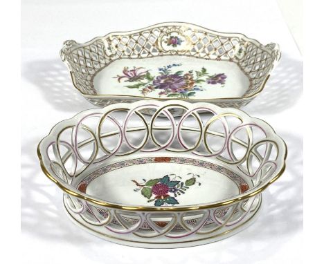 A Herend hand painted pierced bordered dish with floral decoration and a similar Dresden dish 