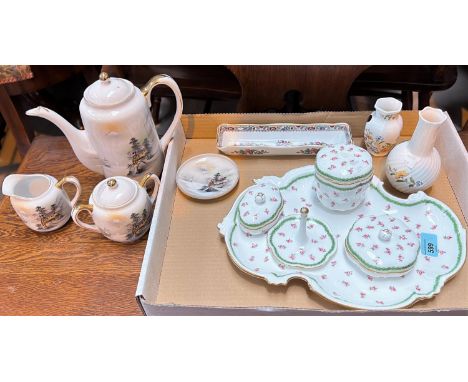 A Mintons dressing table set with tray and 3 covered pots (1 finial missing) and a ring stand; a Noritake tea pot, sugar and 