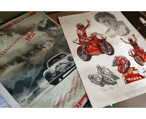 A Tribute to Carl Fogarty print, 2 Porsche posters, Olympics 1976 souvenir stamp album, cigarette cards etc 