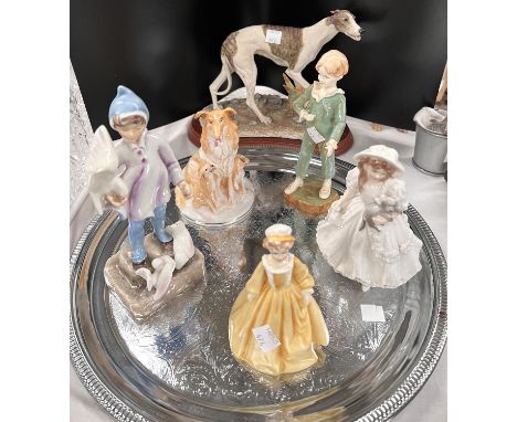 Five Royal Worcester figures/groups; a resin dog; an ancient pottery vial 