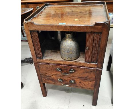 A Georgian night stand with raised gallery tambour front cupboard and pull out commode base