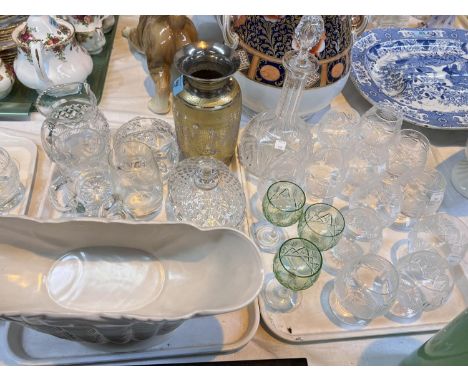 3 cut glass tankards, etched glass tankard, other similar glass, humider etc; two sets of 6 cut glass brandy glasses and a si