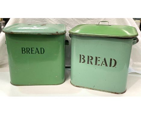 Two vintage green enamel bread bins 