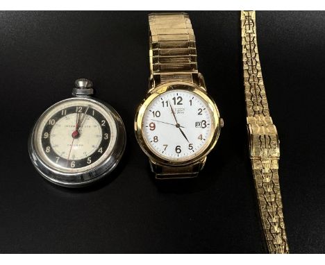 A Gent's Citizen wristwatch on expanding bracelet; a lady's gilt Everite cocktail watch on bark effect strap with covered fac