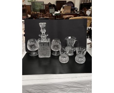 Edinburgh Crystal Thistle Design, heavy hobnail cut with etched thistles - a square decanter, 2 brandy glasses, a water jug a