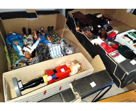 A selection of modern Action Man figures with accessories; a selection of diecast and vintage cars; etc. 