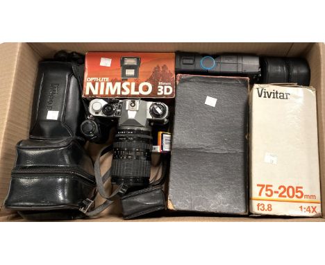 A selection of vintage cameras and equipment:&nbsp; Pentax SLR with lenses; Nimslo 3D; a folding Kodak 2C Junior; etc. 