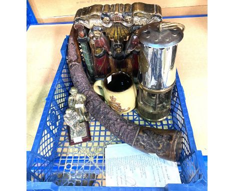 A miner's lamp by the Protector Lighting company; 2 other items; a wooden iron; a resin model of a horn 