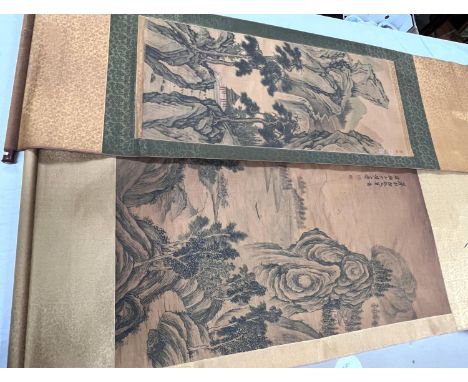 2 Chinese scroll paintings on silk 19th century or later both depicting traditional mountain scene both with red seal mark an