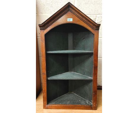 An oak Gothic style open front wall hanging corner cupboard, 83cm high; 2 Edwardian wall hanging shelf units 