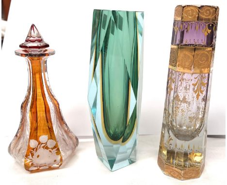 A cased art glass vase, two similar glass items Cased vase centre of the picture is 19.5cm overall seems to be in good condit