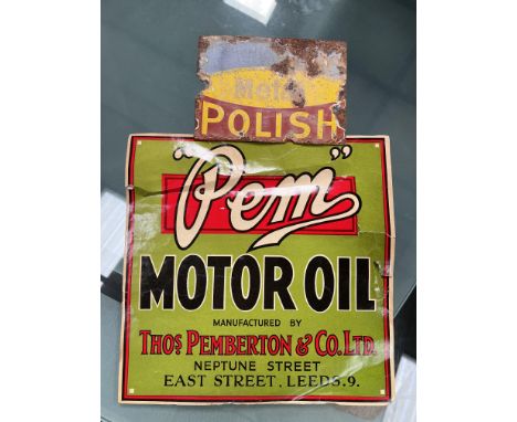 2 advertising&nbsp; signs - one small enamel Metal Polish 18 x 13cm, rusted, and Premier Motor Oils paper sign, 30 x 30cm, fr