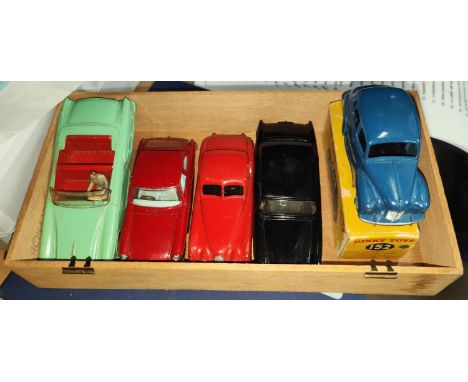 Four vintage Dinky diecast vehicles 165, 132, 157 red and 152 and a Corgi MGB GT with luggage&nbsp; 