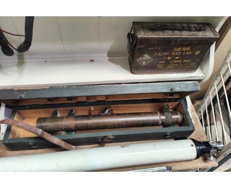 A cased vintage brass telescope, another telescope and a ammunition box 
