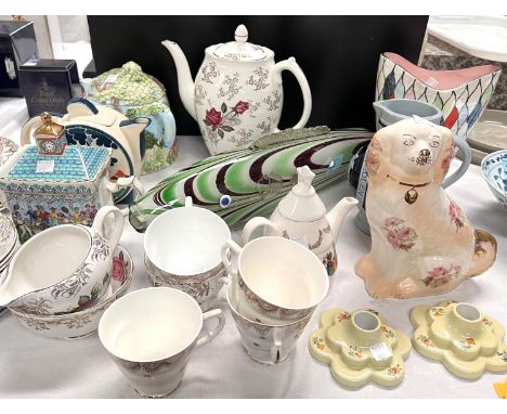 A Murano glass fish with original label a collection of teapots, wade candlesticks and teaware 