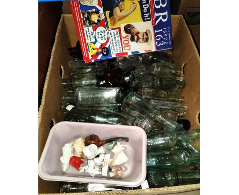 Vintage bottles c.130; pipe bowls , 2 magazines 