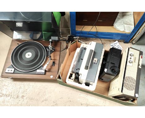 A JVC VL-5 record player, three projectors Euming and two others.&nbsp;Instruction booklet for record player is present.