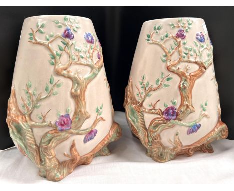 Clarice Cliff for Newport Pottery:&nbsp; a pair of ovoid vases with relief decoration of flowering branches (small chip to 1 