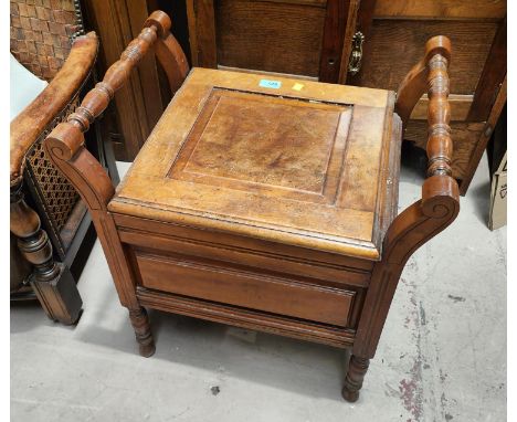 An Edwardian box seat commode stool; an X framed stool; a foot stool 