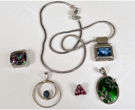 A silver rectangular pendant set bright blue stone, on reticulated silver chain; a silver pendant set square multi-coloured s