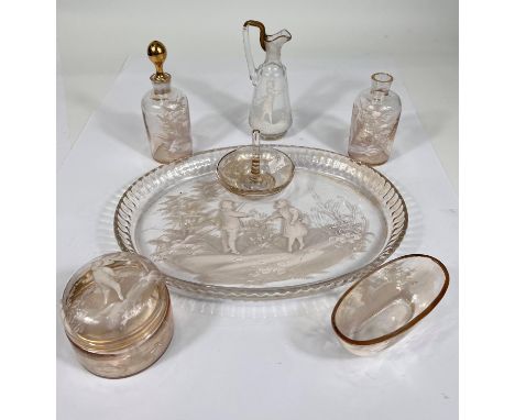 A 19th century Mary Gregory green glass trinket set and tray (2 pieces a.f.) 