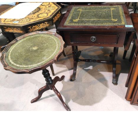 A reproduction drop end sofa table with green leather insert, a similar wine table, other tables etc 