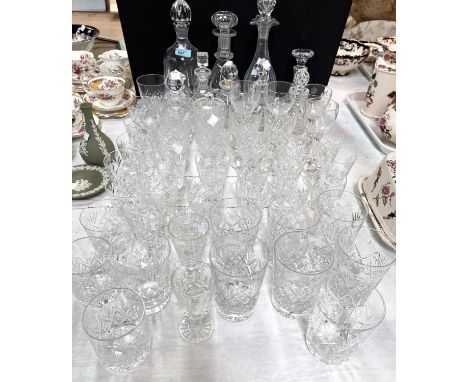 A large selection of cut drinking glasses, decanter, jars etc; 2 silver plated gallery trays 