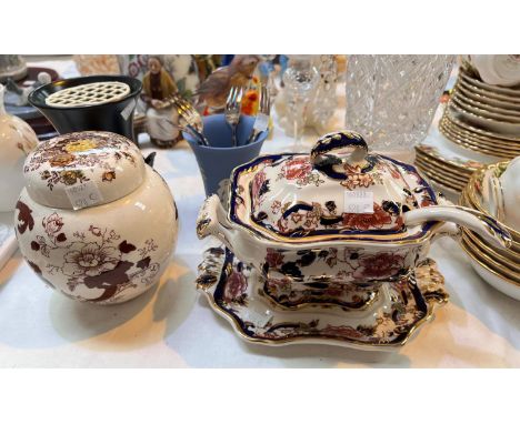 A Mason's sauce dish on stand with ladle; a ginger jar, a Wedgwood vase, collectors' plates, 3 studio glass vases etc 