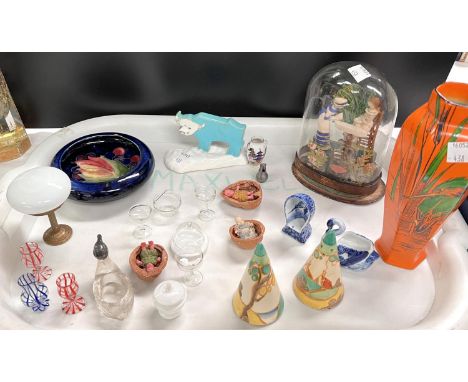 A pair of Clarice Cliff style salt shakers (unmarked), a Moorcroft dish (chipped) miniature china etc 