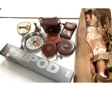 Three vintage Chesterman leather cased measures of varying sizes, a vintage camera and binoculars, a 1950's doll etc 