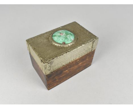 A Vintage Two Division Playing Card Box with Hammered Metal Lid Having Green Cabochon 
