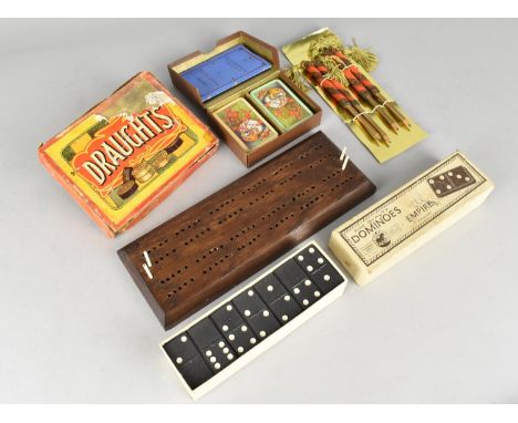 A Collection of Six Spot Dominoes, Draughts, Cards, Cribbage Board etc 