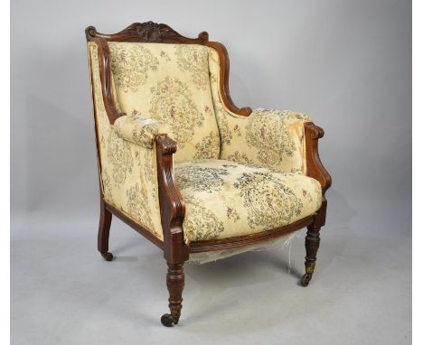 A Late Victorian/Edwardian Walnut Tapestry Upholstered Armchair with Acanthus Scrolled Detail 