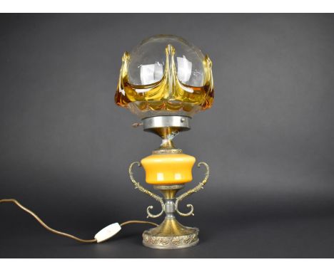 A Mid 20th Century Table Lamp in Brass and Ceramic with Globular Amber and Plain Glass Shade, Overall Height 40cm 