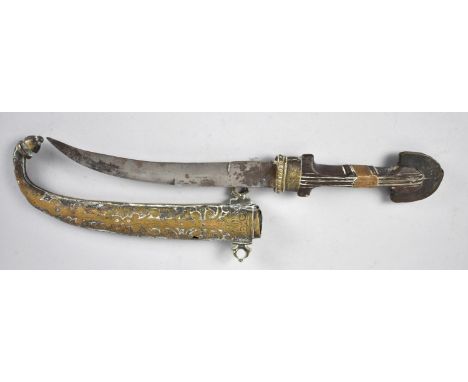 An Indian Curved Blade Dagger with Brass Mounted Wooden Handle and Brass Scabbard, Some Condition Issues, 37cm Long 