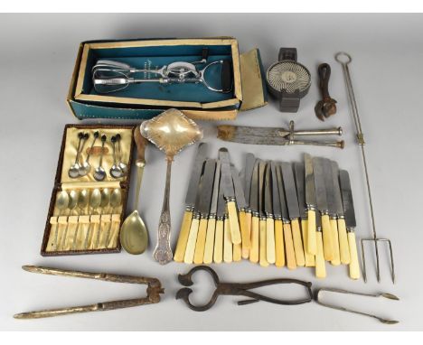 A Collection of Various Cutlery to Comprise Cased Teaspoons, Kings Pattern Ladle, Knives, Sugar Nips etc 
