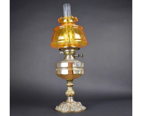 A Late Victorian Brass Oil Lamp with Plain Glass Reservoir and Later Amber Glass Shade, Overall Height 38cm 