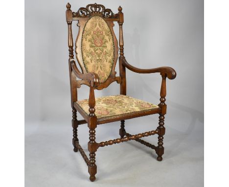 A Mid 20th Century Oak Framed Tapestry Upholstered Throne Armchair 