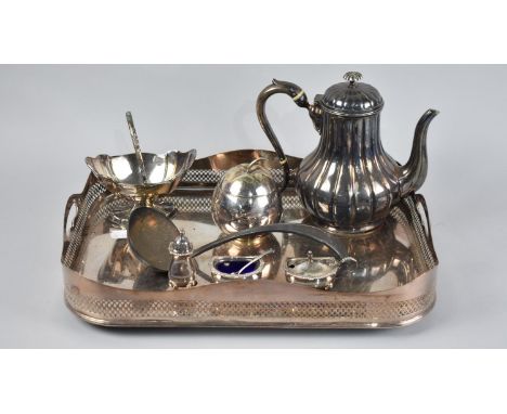 A Collection of Silver Plate to Include Galleried Tray, Cruet Set, Ladle, Coffee Pot, Sugar Basket and Apple Tea Caddy 